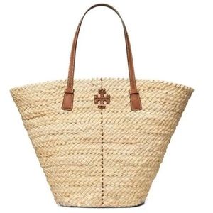 Tory Burch Natural Straw Tote with Brown Leather Handles